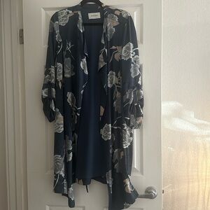 Teal blue with flowers lightweight trench with tie